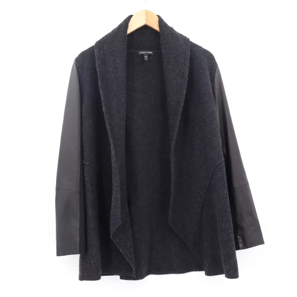 Eileen Fisher Women's Peat Black Wool and Black Leather Sleeves Cardigan Sz S P